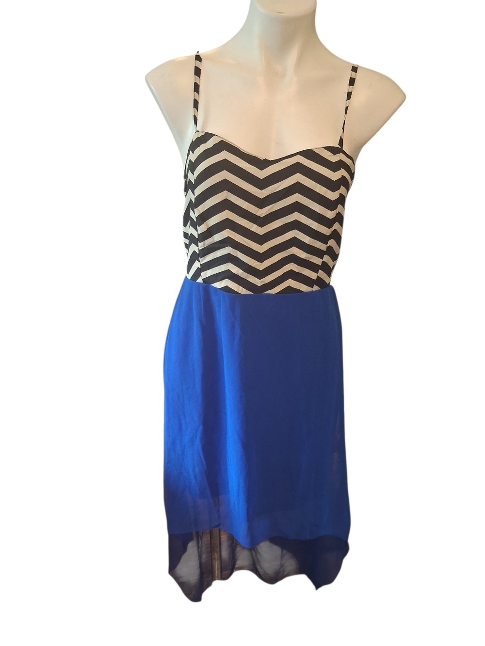 Jessica Taylor  Black & White Bodice with Cobalt Blue High-Low Skirt Dress